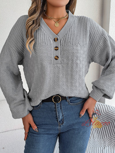 Casual Loose V-neck Button Lantern Sleeve Sweater