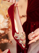 Short Heel Pointed Rhinestone Suede Red Wedding Shoes