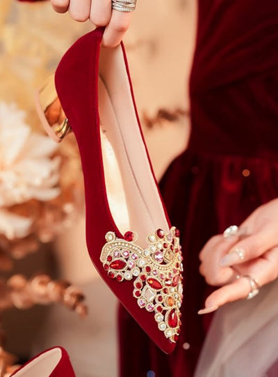 Short Heel Pointed Rhinestone Suede Red Wedding Shoes