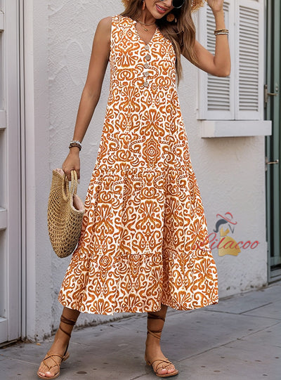 V-neck Button Printed Sleeveless Dress