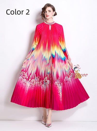 Nail Bead Printed Pleated Pearl Dress