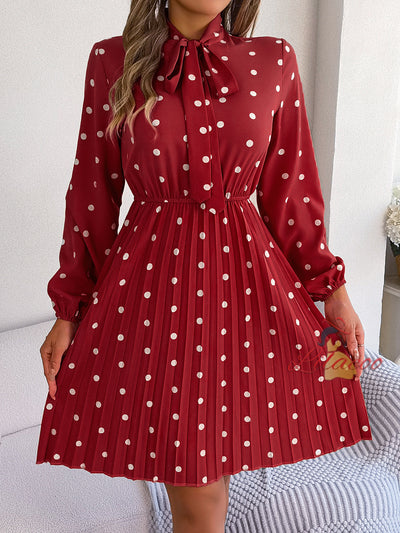 Polka-dot Long-sleeved Pleated Dress