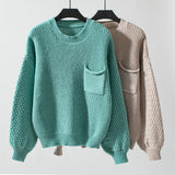 Solid Color Pocket Round Neck Long Sleeve Sweater