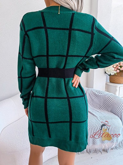 Casual Contrast Plaid Long Sleeve Sweater Dress