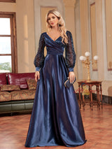 Navy Blue Satin Long Sleeve Sequins Prom Dress