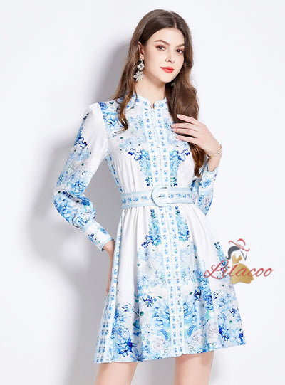 Retro Palace Stand-up Collar Breasted Lantern Sleeve Dress