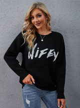 Casual Black Round Neck Letter Sweater