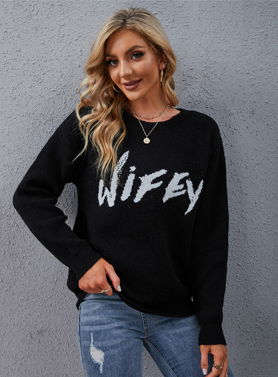 Casual Black Round Neck Letter Sweater