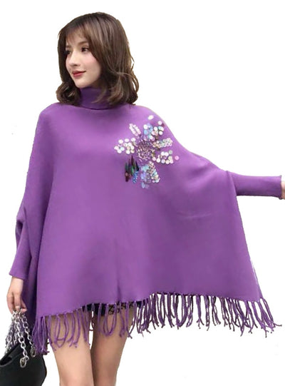 Sequins High Collar Fringed Bat Shirt Cloak Coat