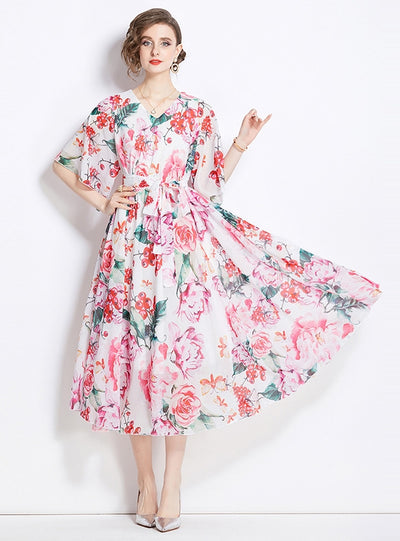 Retro Printed V-neck Five-point Sleeve Loose Dress