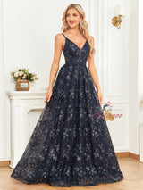 Navy Blue Sequins V-neck Prom Dress