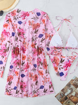 Flower Print Blouses Beach Swimsuit Three-piece Suit