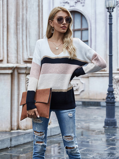 Striped V-neck Pullover Sweater