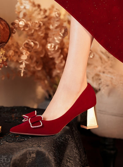 Red Bow Thick Heel Wedding Shoes