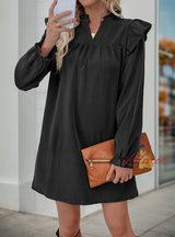 Solid Color Ruffled Long-sleeved Loose Dress