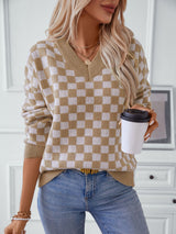 Loose Long Sleeve V-neck Plaid Sweater