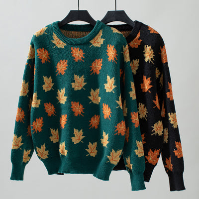 Maple Leaf Pattern Jacquard Leisure Pullover Sweater