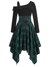 Irregular Plaid Long Sleeve Stitching Dress