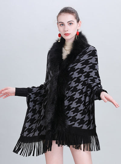 Shawl Houndstooth Fur Collar Fringed Shawl