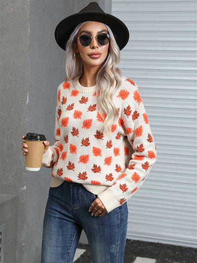 Leaves Print Christmas Crewneck Sweater