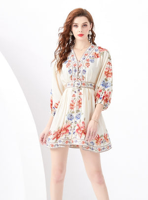 Palace Wind Lantern Sleeve Printed Mini Dress