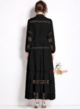 Fashion Lapel Stitching Lace Lantern Sleeve Dress