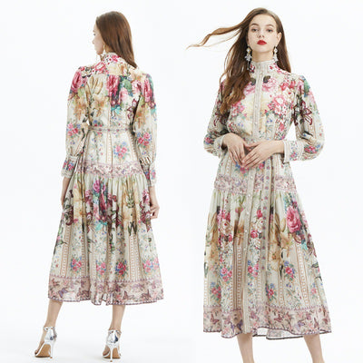 Lantern Sleeve Printed Ruffled Chiffon Two-piece Set