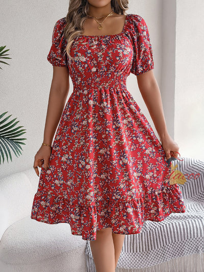 Broken Flower Square Collar Short Sleeve Dress