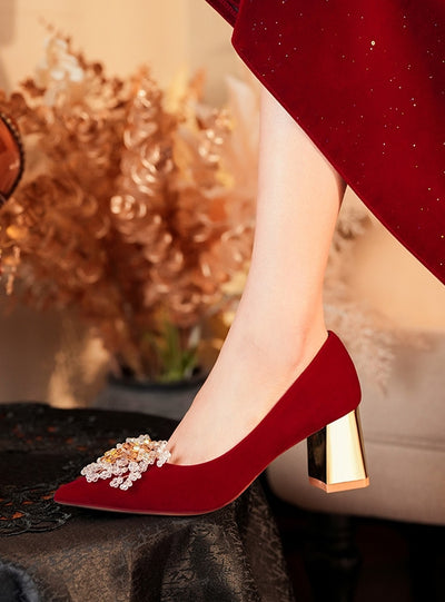 Red Thick-heeled Beads Wedding Shoes