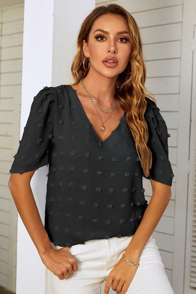 V-neck Chiffon Bubble Sleeve Short Sleeve Shirt