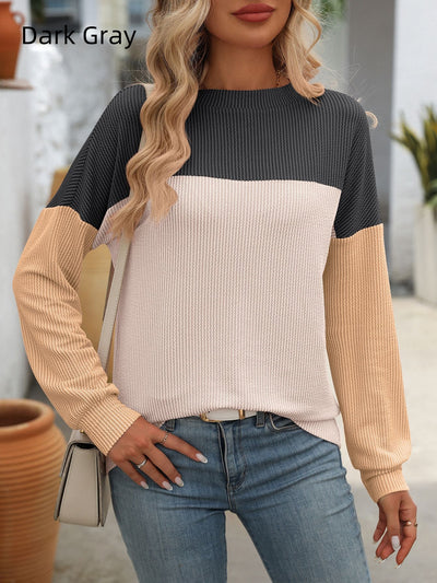 Round Neck Twisted Strip Long Sleeve Loose T-shirt