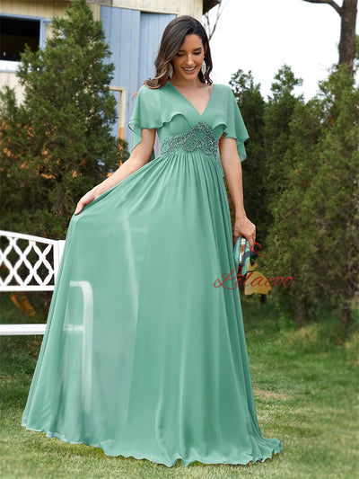 Applique Chiffon Slim Horn Sleeve Prom Dress