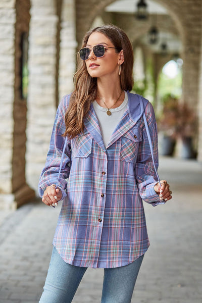 Ladies Casual Hoodie Plaid Shirt