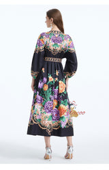 Palace Style V-neck Lantern Sleeve Printed Long-sleeved Dress