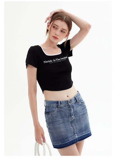 Square Collar Letter Short Sleeve T-shirt