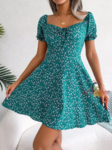 Casual Trumpet Sleeve Drawstring Floral Dress