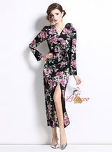 Three-dimensional Flower Split Slim Print Dress