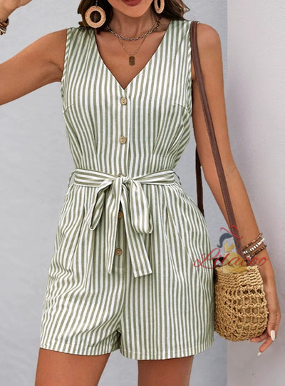 V-neck Sleeveless Striped Jumpsuit