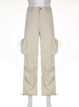 High Waist Pocket Drawstring Pleated Straight Pant