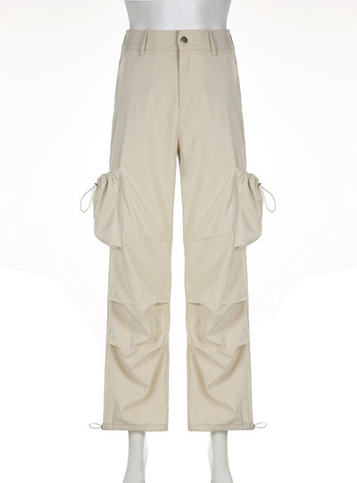 High Waist Pocket Drawstring Pleated Straight Pant