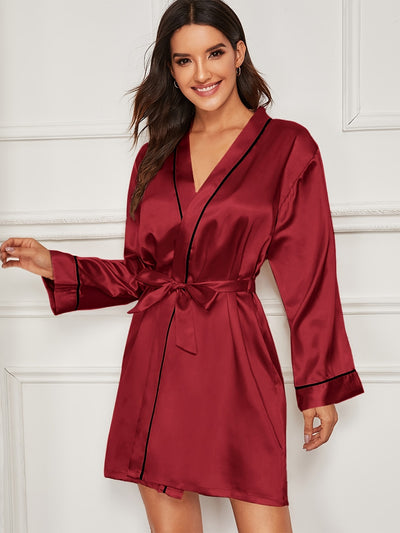 Lapel Pajamas Imitation Silk Belt Robe