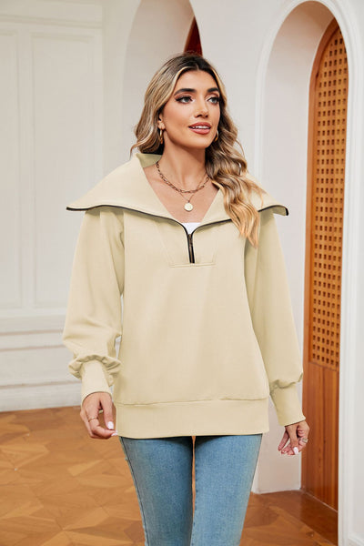 Long Sleeve Zipper Lapel Pullover Top