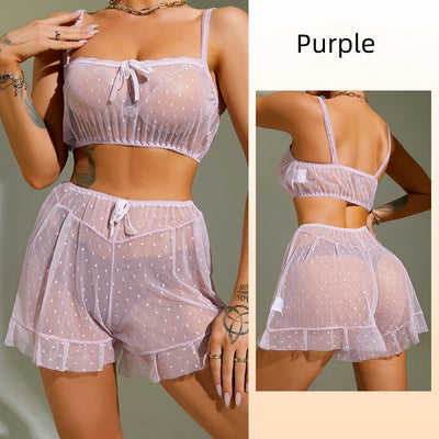 Wave-point Perspective Mesh Suspender Shorts Set