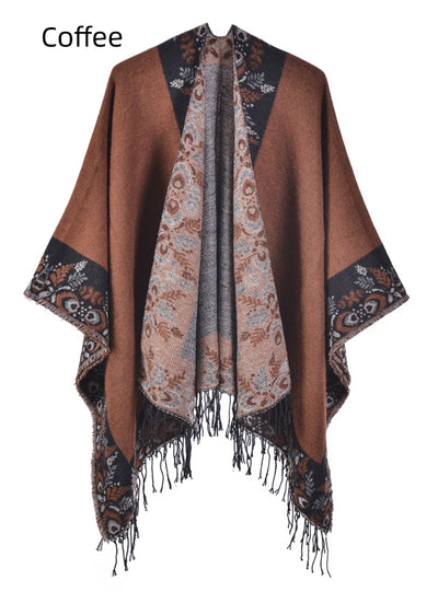 Split Shawl Warm Fringed Cloak Scarf