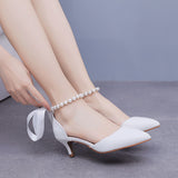 5 cm Thin-heeled Pointed White Beaded Sandals