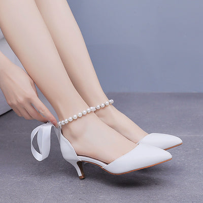 5 cm Thin-heeled Pointed White Beaded Sandals