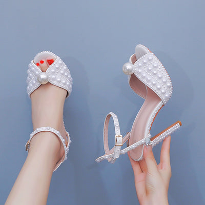 11 cm Thin High Heel Round Pearl Wedding Shoes