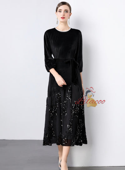 Lace Sequins Stitching Velvet Dress