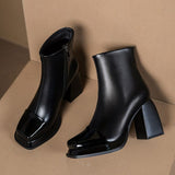 Square-toe Thick-heel Spliced Leather Booties