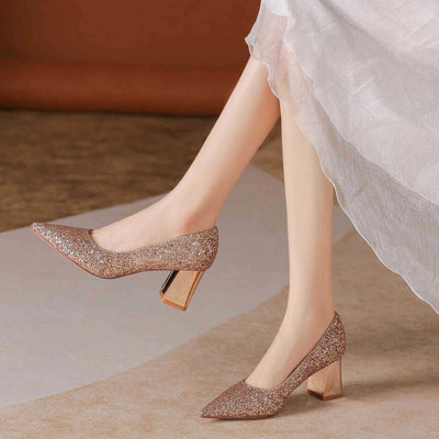 Rhinestone Sequined Thick-heeled Pointed High Heels